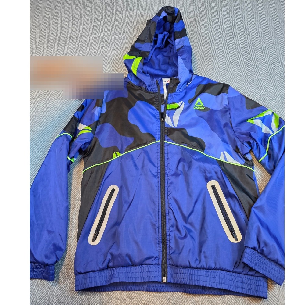 Reebok Boys Blue Camo Windbreaker Hooded Jacket Size 10/12 L REB223JK02